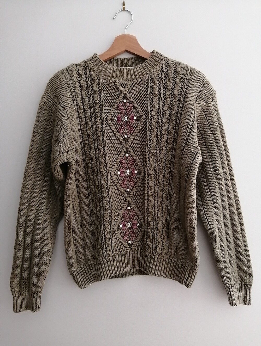 Vintage Jantzen Green Floral Cable Knit Sweater Size Medium Cottage Grandma